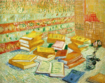 painting of a pile of books in a room