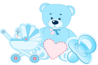 Cartoon of blue baby toy, pram and pacifier