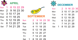 April, September and December calendars